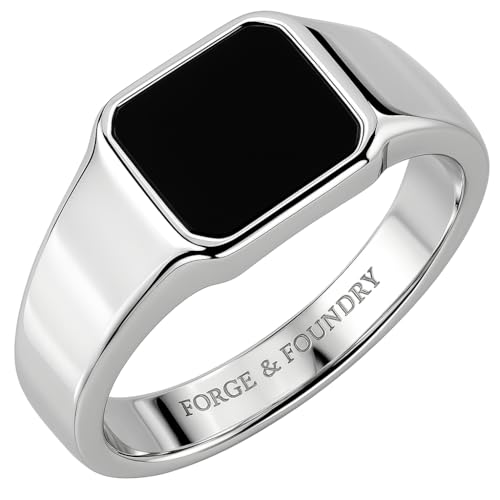 Forge & Foundry Men's Stainless Steel and Onyx Gemstone Signet Ring | The Gentleman's Ring |18K Gold Plated or Polished Stainless Steel (SILVER - Q)