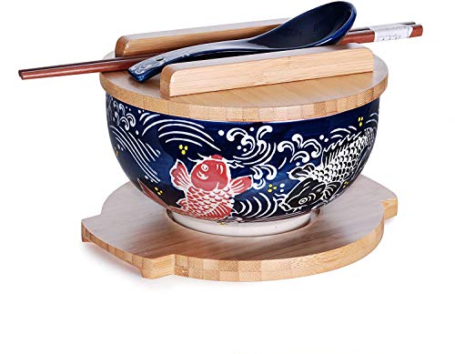 Happy Sales HSKM-KOIRB5, Japanese Kamameshi Vintage Style Rice Noodle Ramen Bowl with Bamboo Lid Trivet Chopsticks and Porcelain Spoon Bowl Set, Koi