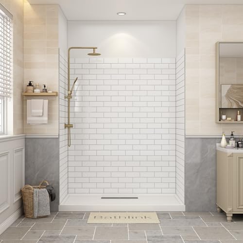 Bathlink Shower Wall Panels, 32D x 60W x 75H, Solid Surface Waterproof Wall Panels for Showers, Shower Surround Wall Kit, Glossy White Subway Tile Finish, 1/8" (3mm) Thick, Trimmable