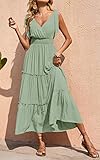 PRETTYGARDEN Women's Dress Spaghetti Strap Shoulder Knot Wrap Neck Summer Dresses Ruffle Hem Smocked High Waist Sleeveless Tiered Maxi Dress (Green,Small)