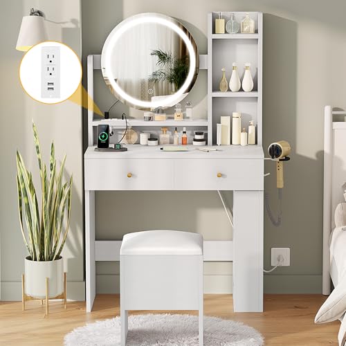 DWVO Makeup Vanity Desk with LED Lighted Mirror, White Vanity Set with Charger Station, Small Spaces Vanity Table for Bedroom, Adjustable 3 Lighting Modes, Makeup Table with Chair, 31.5in(L)