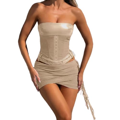 Mandonce Vacation Outfits for Women Sleeveless Off The Shoulder Sheath Bustier Tied Waistband Top and High Waisted Mini Skirt