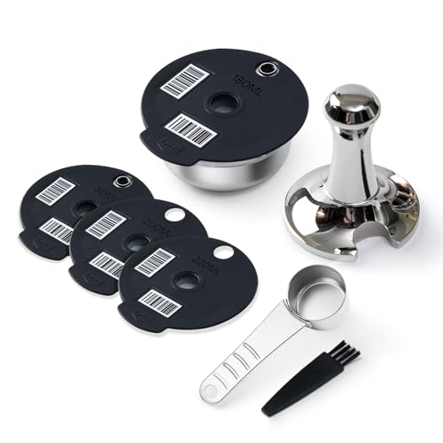HAILASRE Stainless Steel Reusable Tassimo Pods with 4 Black Silicone Lid 60/180/200/220ml RefillableTassimo Coffee Pads wtih Tamper Compatible for Bosch Tassimo Machine