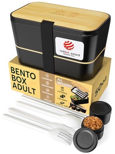 Umami Bento Box Adult All-in-1 w/ 4 Utensils, 100% Leakproof, Dishwasher & Microwave Safe Lunch Containers for Adults w/ 4 Compartments, Black & Tan, 50 oz