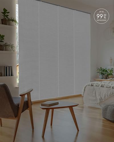 GoDear Design 99.99% Blackout Adjustable Sliding Panel Track Blinds 45.8"- 86" W x 96" H, Extendable Blinds for Sliding Glass Patio Doors, Trimmable Natural Woven Panel Curtains, Snowfall Night