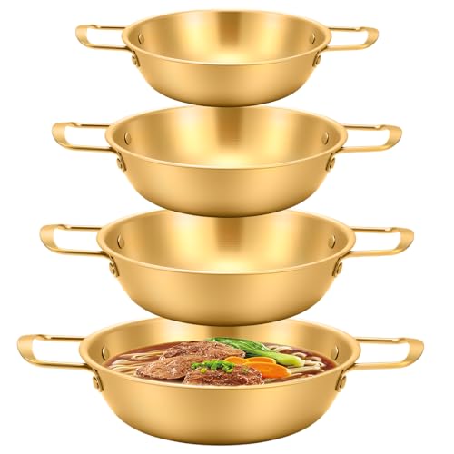 4-Piece Korean Ramen Pot for Stove, Stainless Steel Korean Noodle Pot with Handles, Golden Soup Pots & Cooking Pots for Home & Outdoor Use (Inner Diameter 7.7", 8.5", 9", 10")