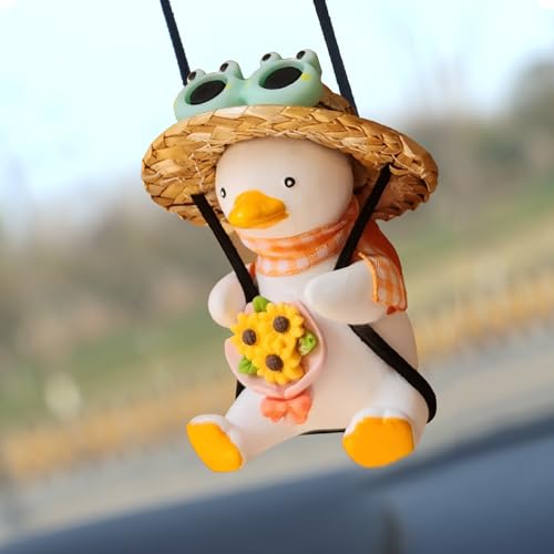 Gmngis Rear View Mirror Hanging Accessories of Swinging Duck Cool Swinging Duck Car Hanging Ornament Pendant Interior Rearview Mirror Decoration (with sunflower)