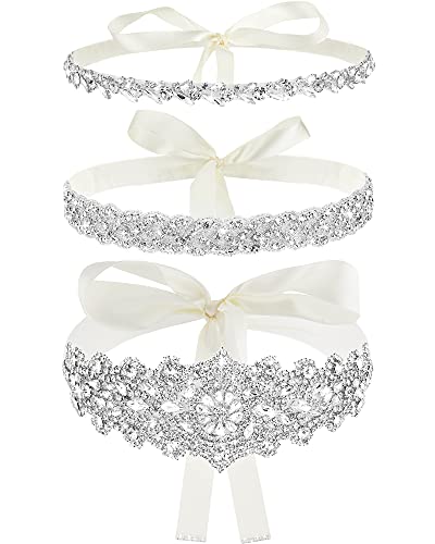 Jecery 3 Pieces Rhinestone Bridal Wedding Sash Belts Handmade Crystal Bridesmaid Sash for Formal Evening Dress Belts (Beige)