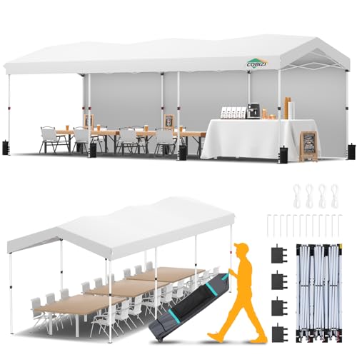 COBIZI 10x30 Pop up Canopy with 3 Sidewalls, One Push Party Tent Portable Garage for Wedding, Waterproof Car Canopy with Wheeled Bag, Canopy Tent 10x30 UPF 50+, 3 Adjustable Height, White