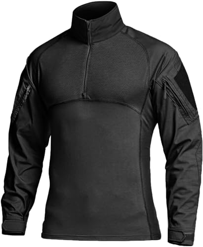 CQR Men's Combat Shirt Tactical 1/4 Zip Long Sleeve Military BDU Shirts Camo EDC Top with Pockets, Raider Black, Large