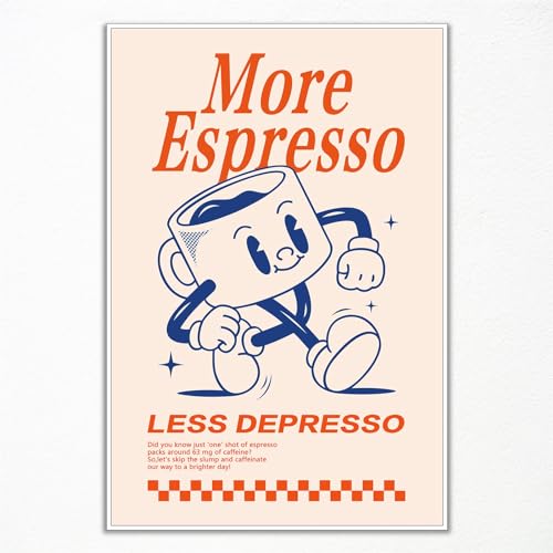 Ogyormpi Retro Coffee Wall Art, Espresso Less Depresso Quotes, Cute Coffee Bar Print, 12x16in Unframed