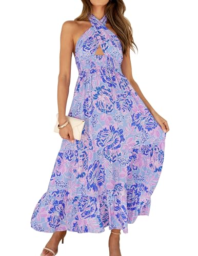 ZESICA Women's 2025 Summer Crossover Halter Neck Sleeveless Plaid Cut Out Backless Flowy A Line Maxi Dress,BluishViolet,Small