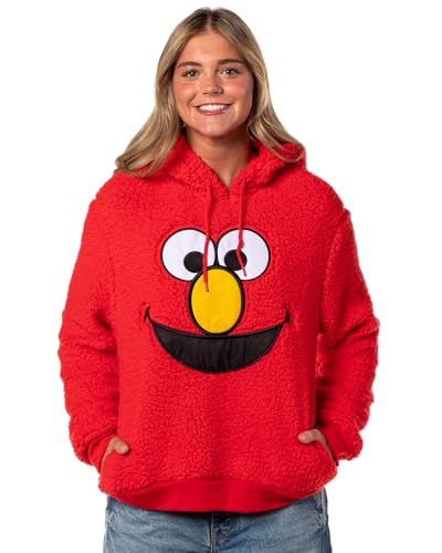 Sesame Street Women's Elmo Embroidered Patch Big Face Plush Fleece Long Sleeve Adult Costume Pullover Hoodie (Elmo Face, X-Large)