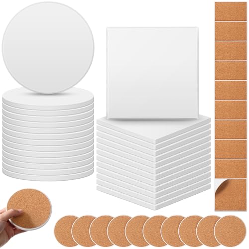 Zopeal 48 Pcs Ceramic Tile for Crafts Coasters Includes Square and Round White Tiles Unglazed Ceramic Coasters with Cork Backing Pads for DIY Project Gifts