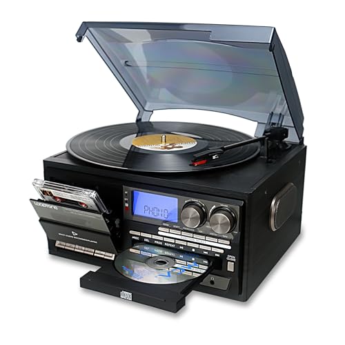 LoopTone Vinyl Record Player 10 in 1 3 Speed Bluetooth Vintage Turntable CD Cassette Player AM/FM Radio USB Recorder Aux-in RCA Line-Out (Black-Grey)