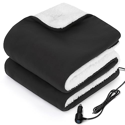 Sealy 12-Volt Heated Car Blanket with 2 USB Output Ports, 3 Heating Levels & 4 Hours Auto Off, Electric Blanket for Car, Truck, SUV, RV or Camping, Machine Washable, 59" X 43", Charcoal