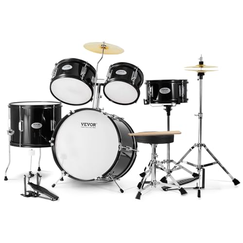VEVOR Kids Drum Set, 5 Piece 16in Beginner Youth Full Drum Set with Bass Toms Snare Floor Drum Adjustable Throne Cymbal Hi-Hat Pedal and Two Pairs of Drumsticks, Starter Drum Kit for Child Kids, Black
