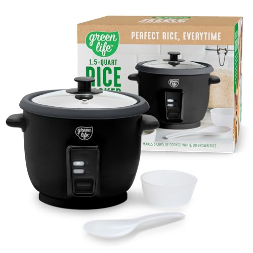 GreenLife Electric Rice Cooker, 3-Cups Uncooked/6-Cups Cooked, Removable PFAS-Free Nonstick Pot, One-Switch Design, Auto Keep Warm, Small Space Saving, Rice Paddle, Soup, Grains, Oatmeal, 1.5 QT, Black