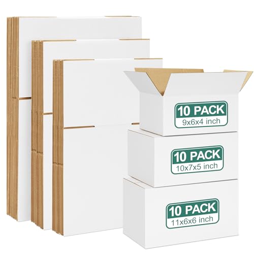 Eupako 30 Pack Small Shipping Boxes Assorted Sizes, White Corrugated Box Mailers, 9x6x4 & 10x7x5 & 11x6x6, 10 PCS Each, Cardboard Boxes for Packaging Small Business, Mailing