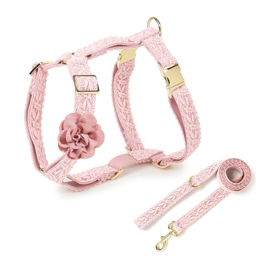 UOSIA Large Dog Harness and Leash Set, Adjustable No Pull Pet Halter Harness with Flower & Metal Buckle, Easy Control for Training Walking, Pink,L