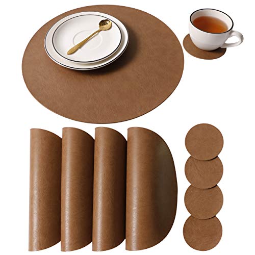 Jovono Embossed PU Leather Placemats, Waterproof Coffee Coasters, Kitchen Table Mats, Easy to Wipe Off for Dining Round Table