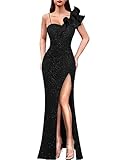 VFSHOW Womens Elegant Ruffle One Shoulder Strap Formal Prom Wedding Maxi Dress 2023 V Neck Ruched High Slit Cocktail Evening Glitter Long Gown (Black, Medium) 10532 BLK M