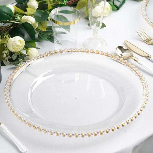 TCF Linen 13" Charger Plates - Set of 12 - Gold Round Acrylic Disposable Chargers with Beaded Rim, Ideal for Dinner Party Wedding Bulk Events