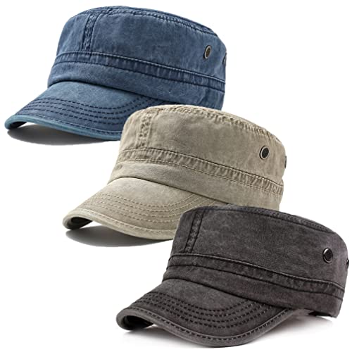 Men's Cadet Army Caps Cotton Military Caps Flat Top Cap (Navy+Khaki+Dark Grey, 3)