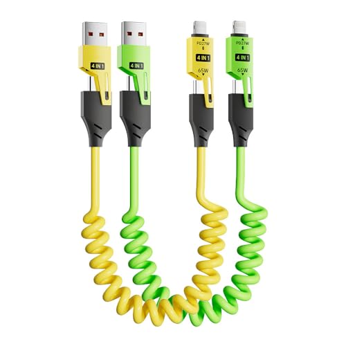 LSGAE 4 in 1 Spring Fast Charging Cable (2Pack), 65W USB-C PD Multi Fast Charging Cable, 1.2m/4ft Coiled Retractable Charging Cable for iPhone Samsung Laptop Multi Device Charging -Yellow+Green