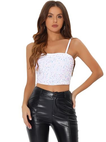 Allegra K Sequined Cami Top for Women's Velvet Spaghetti Strap Club Party Crop Tank Tops X-Small White