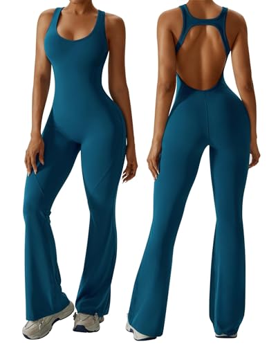 OEAK Womens Flare Jumpsuit Tummy Control Cutout Romper Workout Outfits Sleeveless Unitard Seamless One Piece Backless Bodycon Blue M