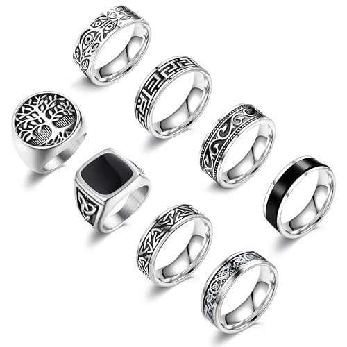 EIELO 8Pcs Stainless Steel Vintage Rings for Men Greek Signet Thumb Silver Retro Carving Celtic Band Rings Vintage Biker Band Rings Set Edge Mens Rings Jewelry 8