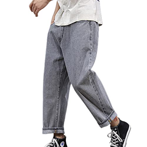 Lu's Chic Men's Regular Fit Jeans Casual Harem Baggy Fashion Chic Solid Cotton Lightweight Elastic Waist Ankle Length Mid Rise Tapered Leg Loose Closed Cinch Bottom Denim Pants 903 Grey 36