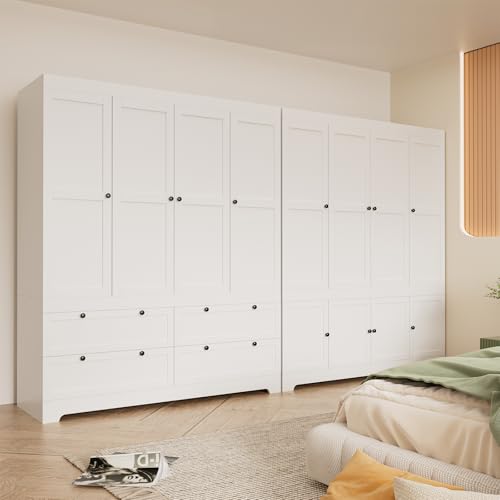 PLANNTONNEO Large White Wardrobe Closet with Drawers, Modular Closet System with Doors and Hanging Rods, Tall Large Armoire Ample Storage, Big Bedroom Armoires (8 Doors/White)