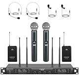 Phenyx Pro 4-Channel Wireless Microphone System w/Auto Scan, 4x40 UHF Frequencies, 2 Handheld Dynamic Mics, 2 Bodypacks & Headsets/Lapel Microphones for Singing, DJ, Church (PTU-7000-2H2B)