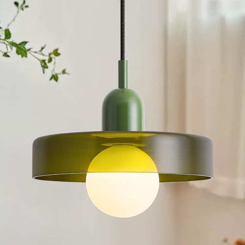GloMuse Glass Pendant Light Vintage Hanging Light Fixture Modern Kitchen Island Mid Century Modern Lamp Green