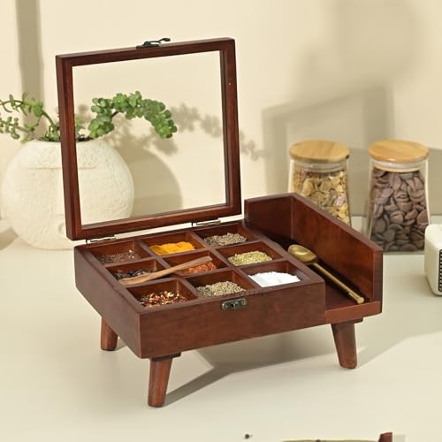 Brick BrownPremium Handcrafted Crafted 9-Compartment Wooden Table Top Masala Dabba Containers Jars & Kitchen Spice Box with Spoon Masala Box with Legs For Kitchen - 10.7x8x4.6 Inches Brown