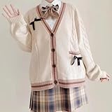 FindThy Women’s Kawaii JK School Uniform Cardigans Long Sleeve Button Up Cardigan with Pinned Bowknot(1786-Khaki-OneSize-LB)