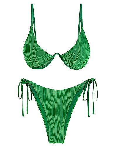 ZAFUL Bikini Sets for Women Padded Push Up Two Piece Swimsuit High Cut Sexy Ribbed Beachwear Deep Green XS