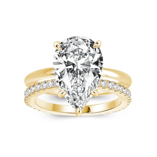 RODIFFY 4.0CT Pear Cut Engagement Ring Set for Women,14K Yellow Gold Plated 925 Sterling Silver Simulated Diamond Bridal Wedding Ring Set (Yellow Gold, 7)