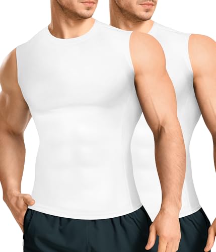 Eleady 2 Packs White Sleeveless Compression Shirt Men Workout Tank Top Mens Slimming Undershirt - Large, White+White