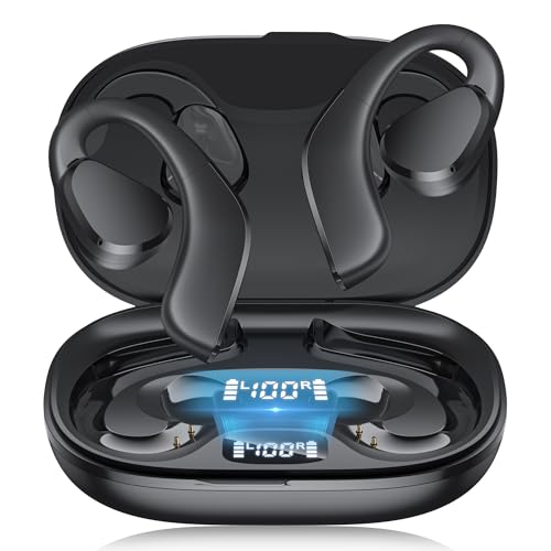 TTQ Open Ear, Open Ear True Wireless Headphones Bluetooth 5.3, Sports with Earhooks & Mic, 60H Playtime, Wireless Charging Case & LED Display, Waterproof for Running, Workout、