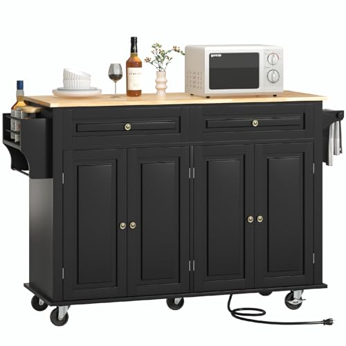 Hlivelood 55" Movable Kitchen Island with Drop Leaf and Power Outlet, Rolling Cart with Storage Cabinet, Island Table on Wheels for Kitchen with 2 Drawers, Spice Rack, Towel Bar, Garage Hook, Black