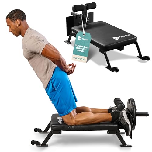 Lifepro Nordic Curl Workout Bench - Home Gym Hamstring Curl Machine & Glute Bench with Transport Wheels - Works with 1"& 2" Olympic Weight Plates - Durable Padding, Construction