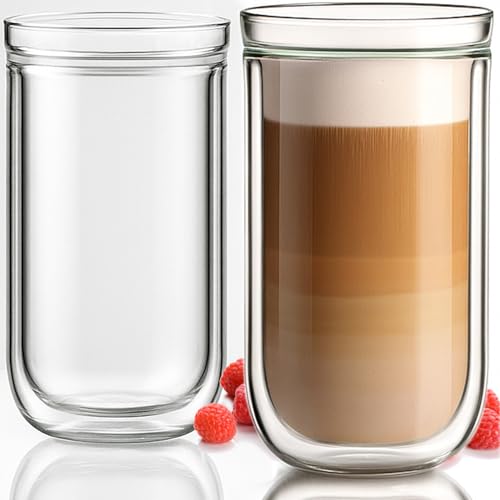 Aquach Double Wall Glass Cup 16oz 2pcs, Clear Insulated Coffee Drinking Glasses, Single Mouth/Double Body