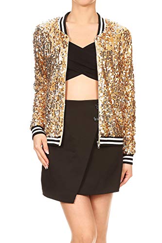 Anna-Kaci Womens Sequin Jacket Bomber Coat 1989 Slitter Outfit For Concert Party, Gold, X-Large