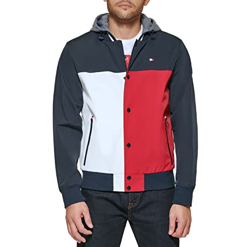 Tommy Hilfiger Men's Fashion Bomber With Attached Jersey Hood, Midnight/Ice/Red, X-Large