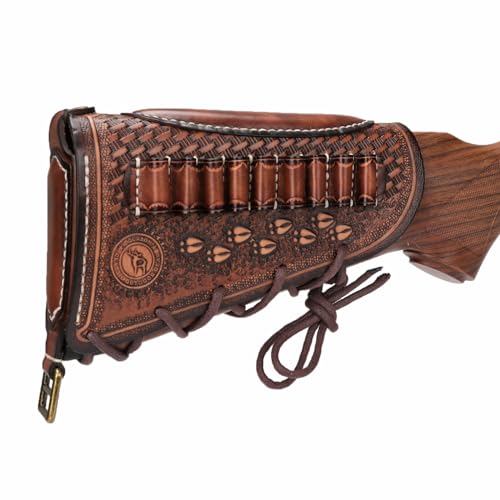 TOURBON Vintage Leather No Drill Cheek Rest Buttstock Protective Pouch, Hunting Shooting Recoil Pad with Rifle Shotgun Shell Ammo Holder (With Rifle Shell Holder)