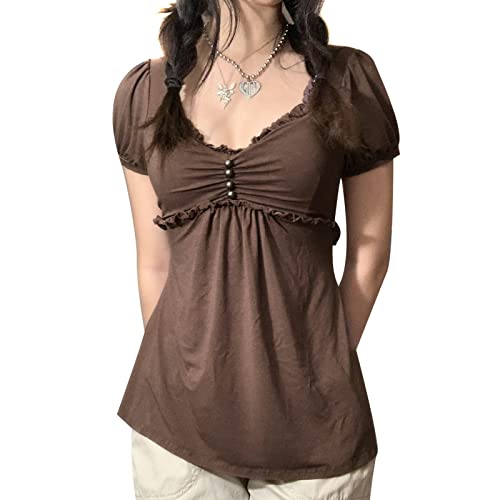 Women Fairy Grunge Y2k Shirts V Neck Solid Color Patchwork Tops Vintage Goth Aesthetic Clothing Brown M
