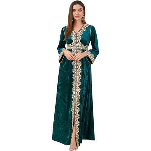 IDOPIP Velvet Abayas Dress for Women Winter Fall Long Sleeve V-Neck Embroidered Moroccan Split Maxi Kaftan Velour Dubai Robe Eid Arabic Turkey Abaya Evening Gown Islamic Clothing Dark Green XL